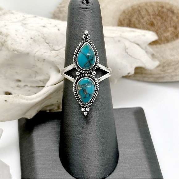 STERLING Silver Double Stack Copper Turquoise Ring - Picture 4 of 4